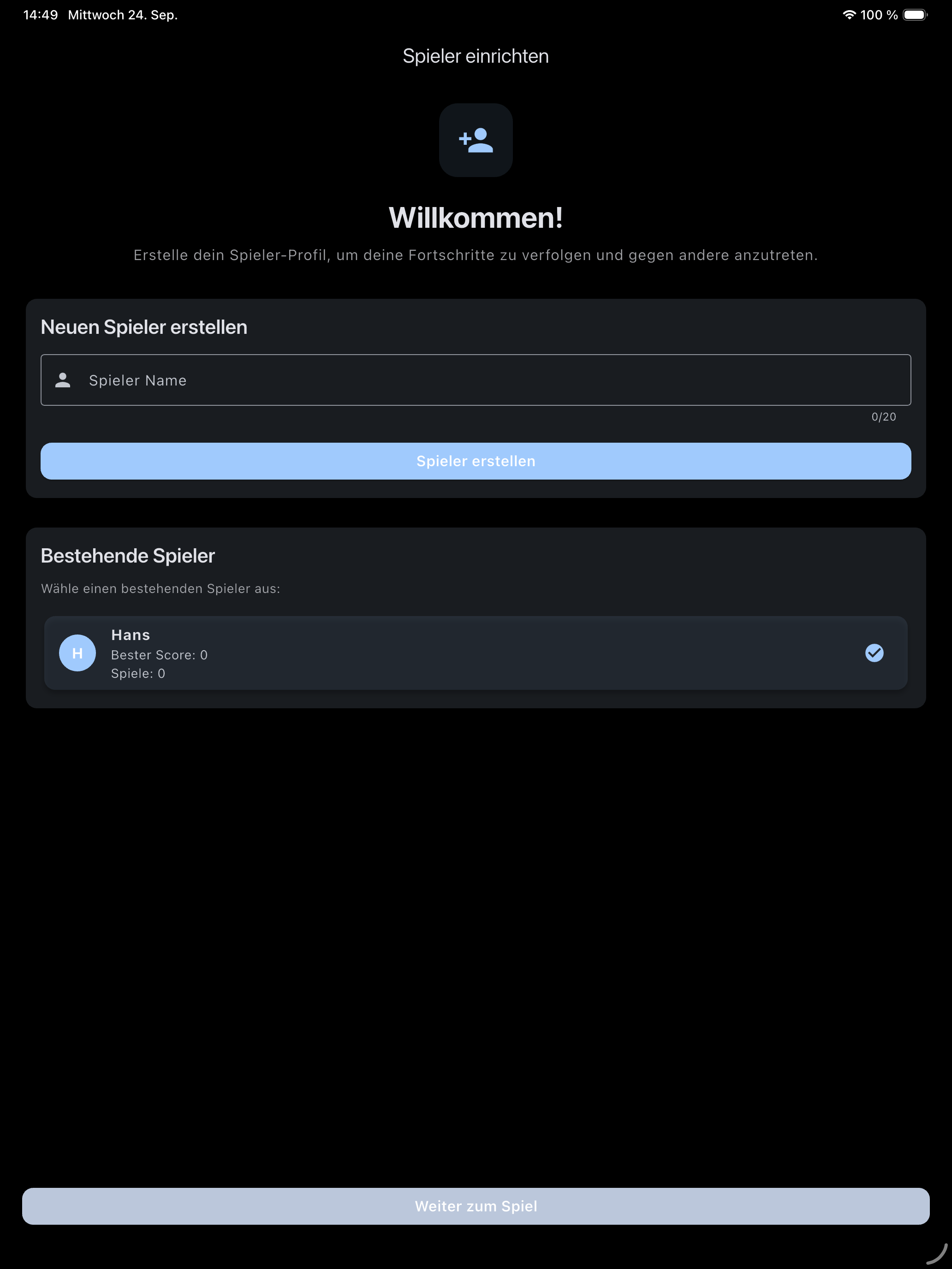 Memory Game iPad Ansicht mit größerem Spielfeld und optimierter Tablet-Darstellung